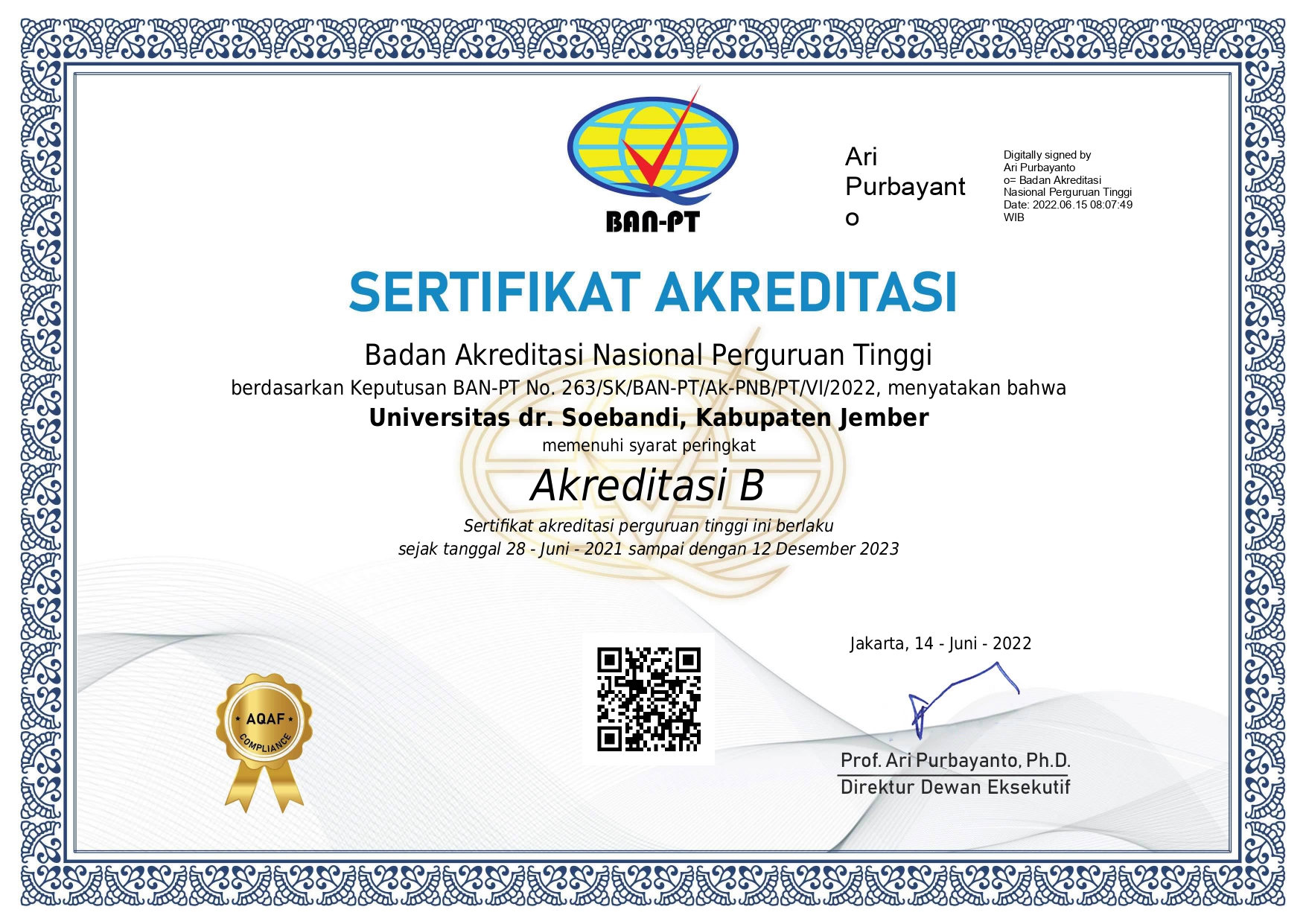 Read more about the article Universitas dr. Soebandi Ter- Akreditasi “B”